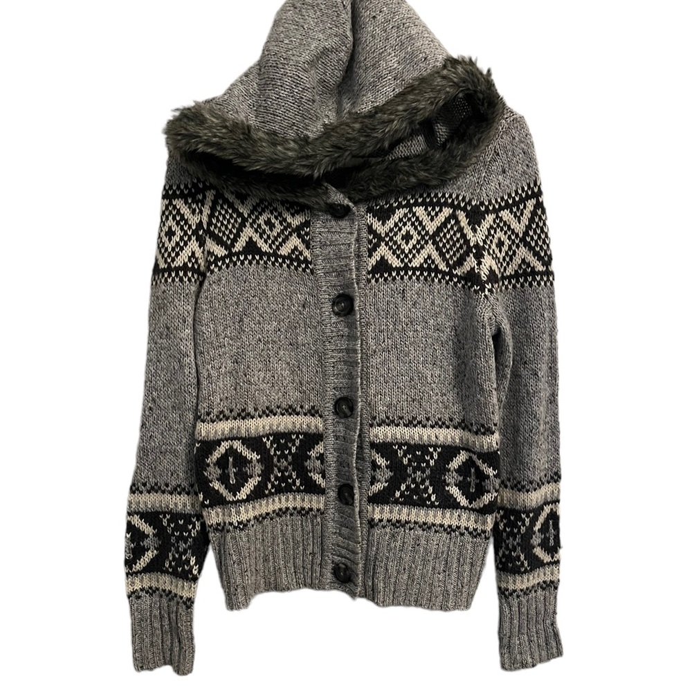 St. John’s Bay Fair Isle Gray Alpaca Blend Faux Fur Lined Hoodie Cardigan L